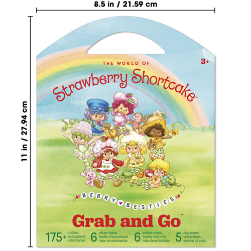 Strawberry Shortcake packaging with characters and a rainbow, featuring dimensions and age recommendation.