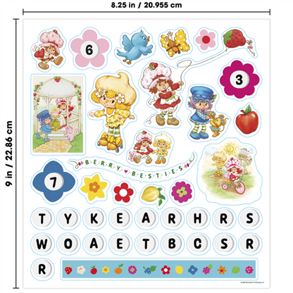 Set of colorful stickers with characters and letters on a white background
