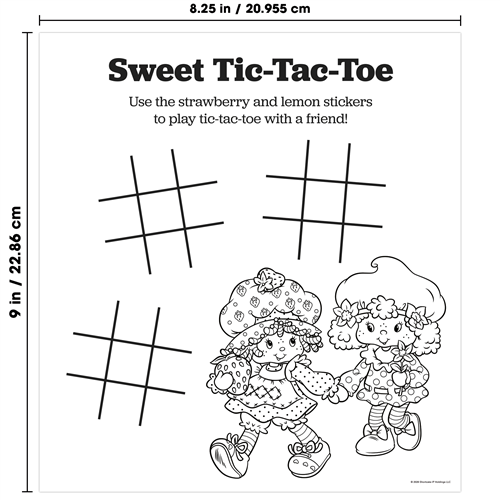 Sweet Tic-Tac-Toe game sheet with Strawberry Shortcake and Lemon Meringue Pie characters and grid lines.