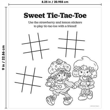 Sweet Tic-Tac-Toe game sheet with Strawberry Shortcake and Lemon Meringue Pie characters and grid lines.