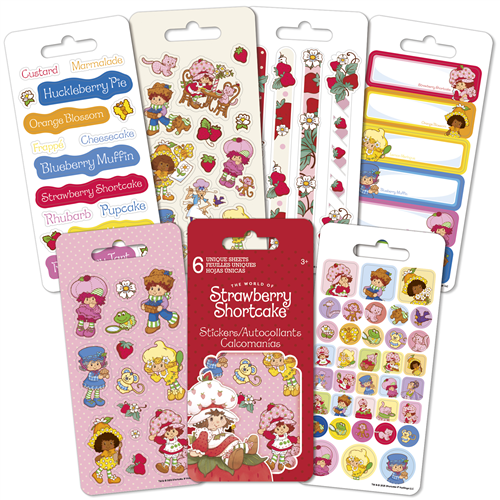 Six sheets of officially licensed retro Strawberry Shortcake stickers, including two holographic sheets and characters like Custard the cat.