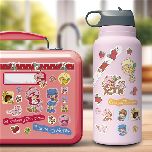 Pink lunch box and water bottle with Strawberry Shortcake illustrations on a blurred outdoor background