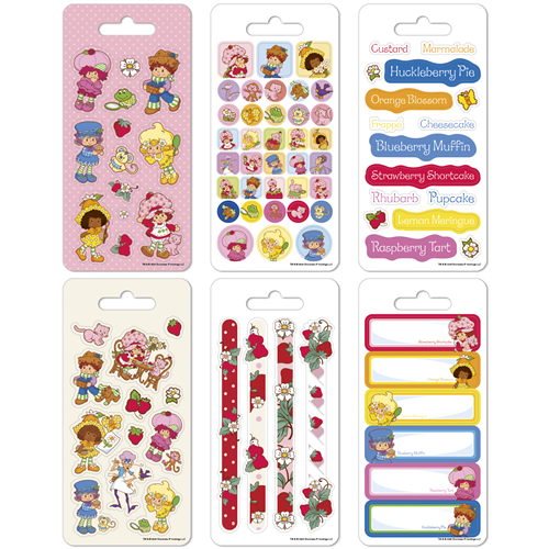 Collection of colorful stickers with cartoon characters on packaging