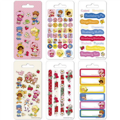 Collection of colorful stickers with cartoon characters on packaging