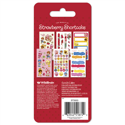 Strawberry Shortcake sticker pack with colorful graphics on a red background