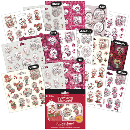 A 16-sheet Strawberry Shortcake Stickerland pad featuring specialty finishes like glitter, foil, and prismatic decals.