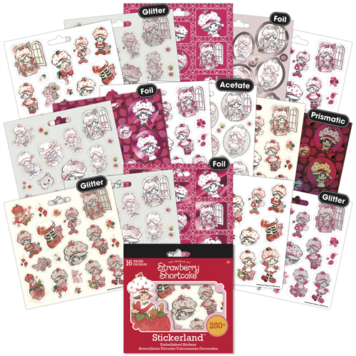 A 16-sheet Strawberry Shortcake Stickerland pad featuring specialty finishes like glitter, foil, and prismatic decals.