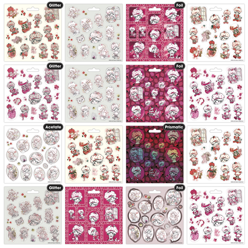 Collection of decorative stickers with various designs and finishes on a white background.