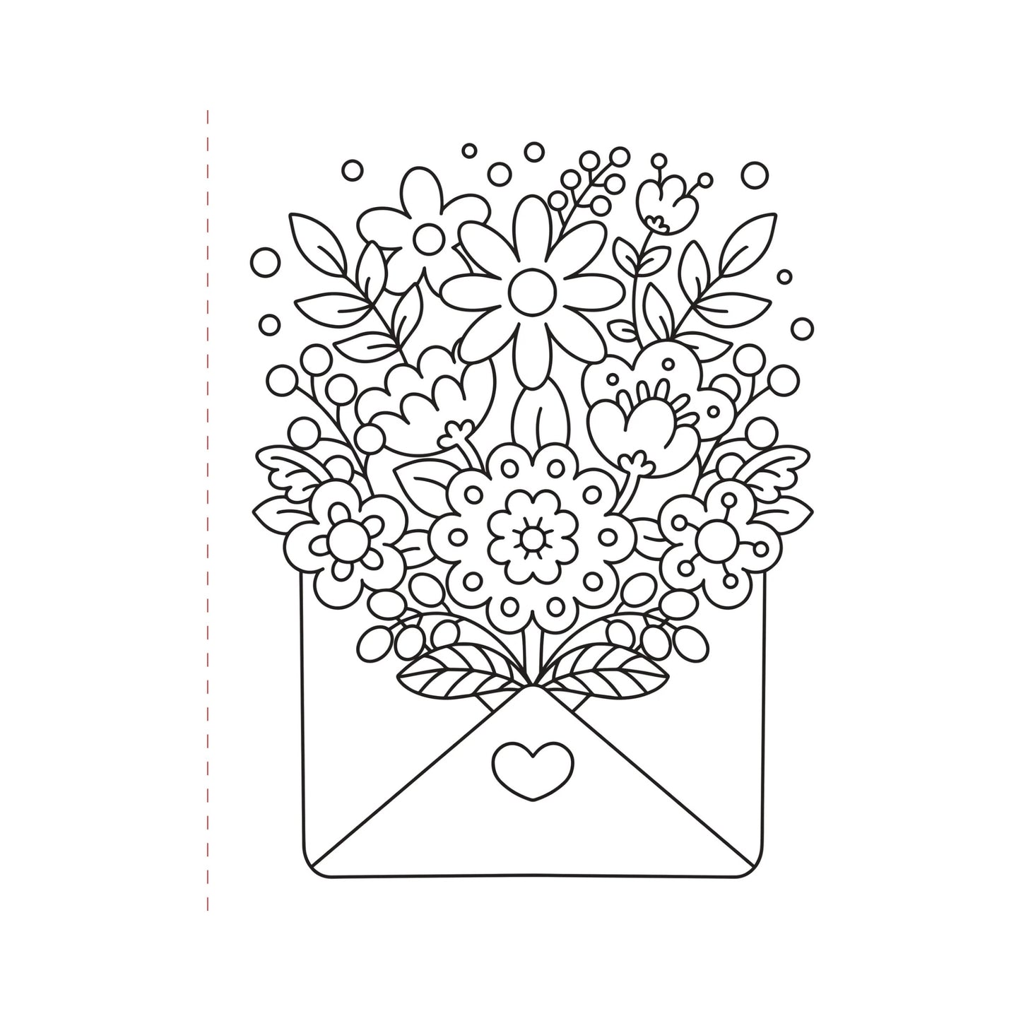 Black and white illustration of flowers in an envelope with a heart on a white background
