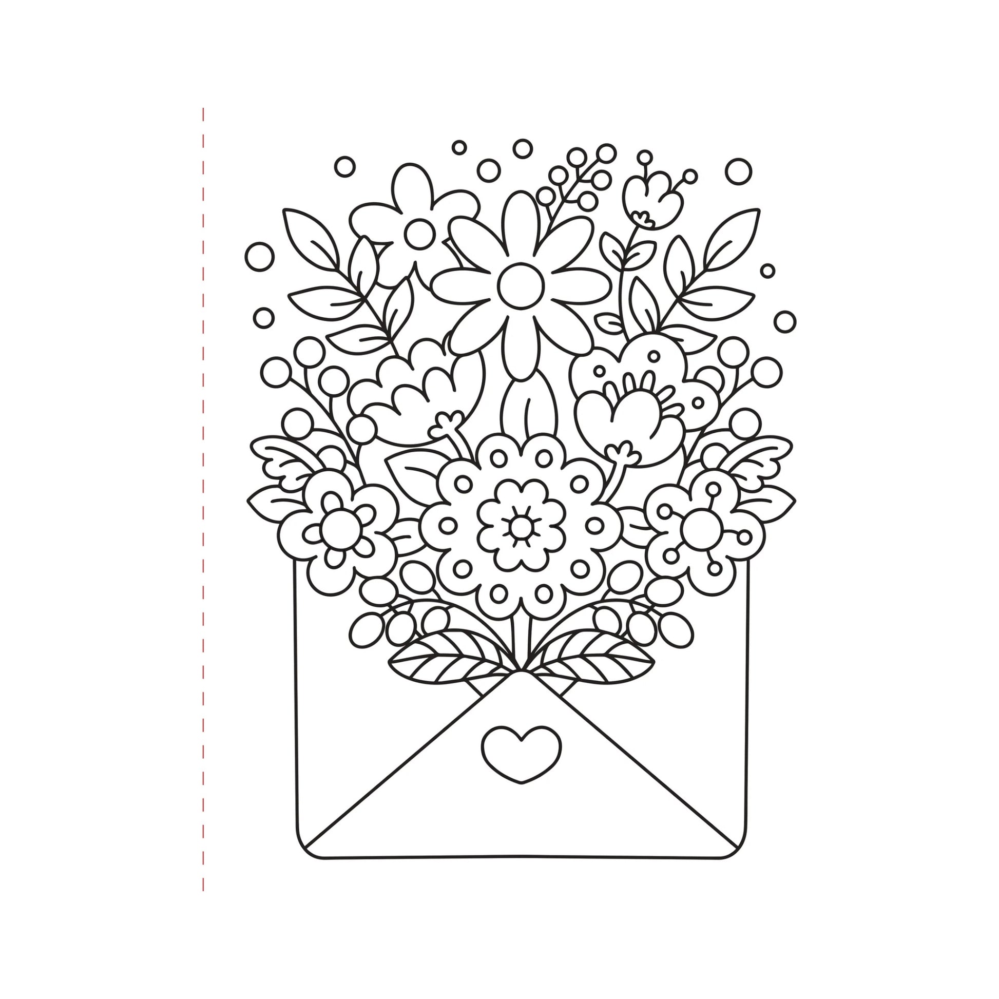 Black and white illustration of flowers in an envelope with a heart on a white background