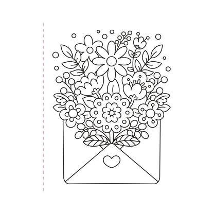 Black and white illustration of flowers in an envelope with a heart on a white background