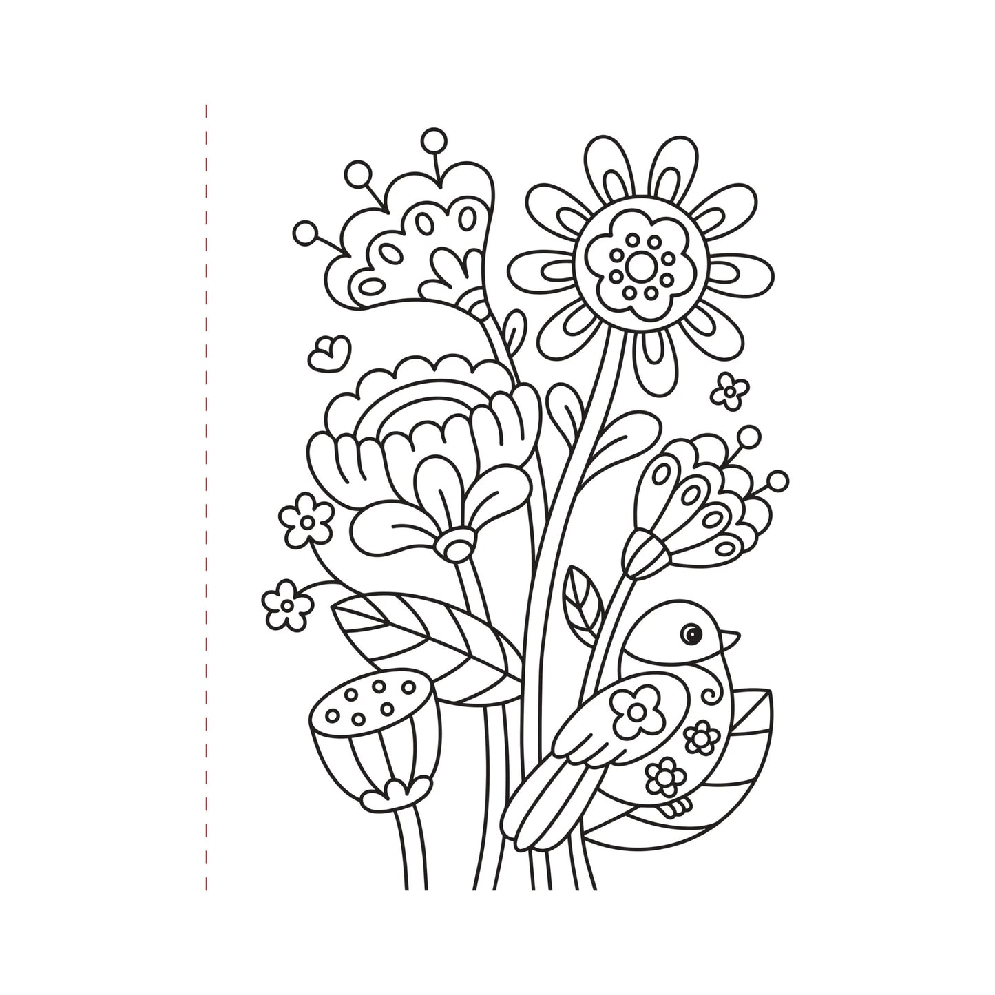 Black and white line drawing of flowers and a bird on a white background