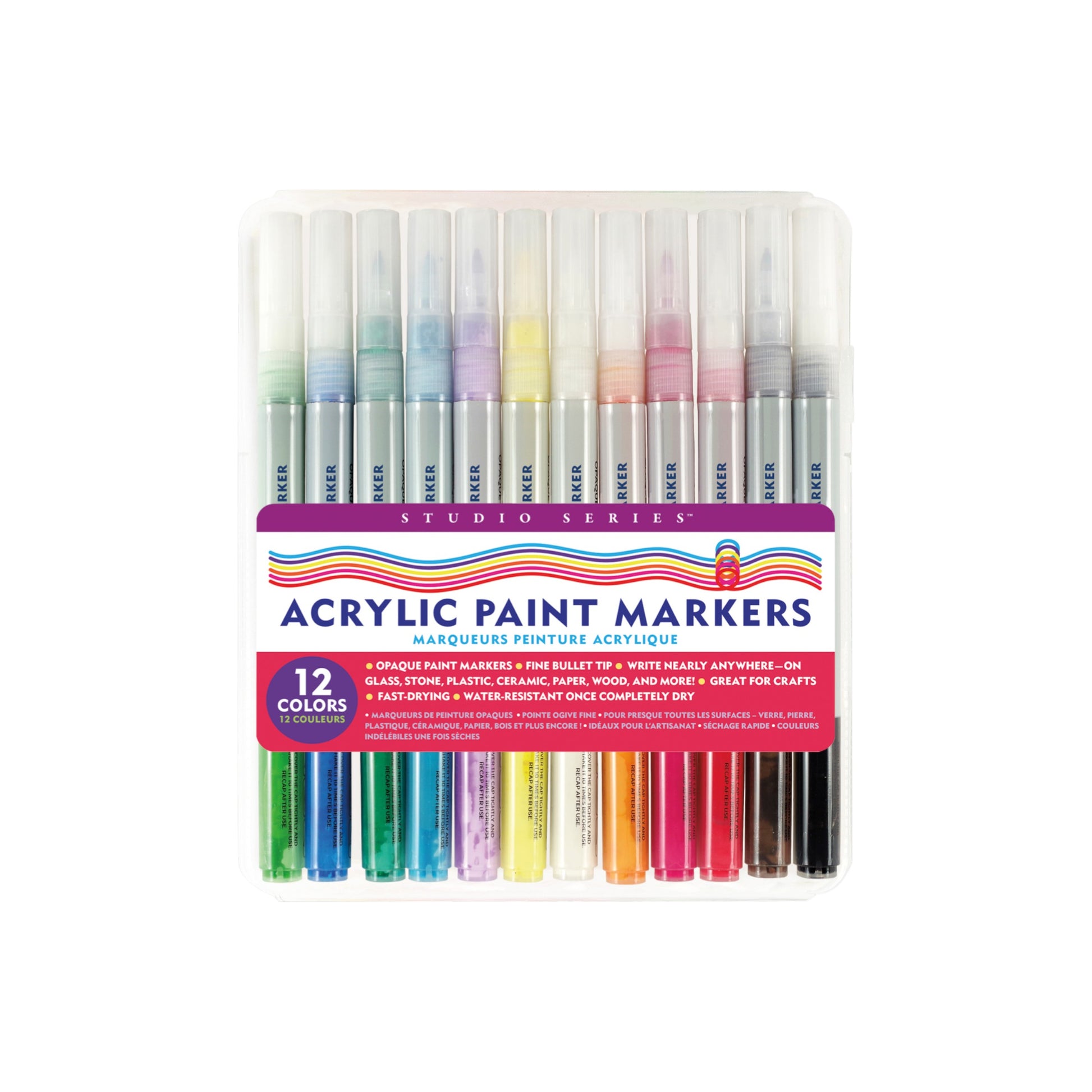 Studio Series 12-Piece Acrylic Paint Marker Set, featuring 12 vibrant colors with fine bullet tips in a clear reusable plastic case