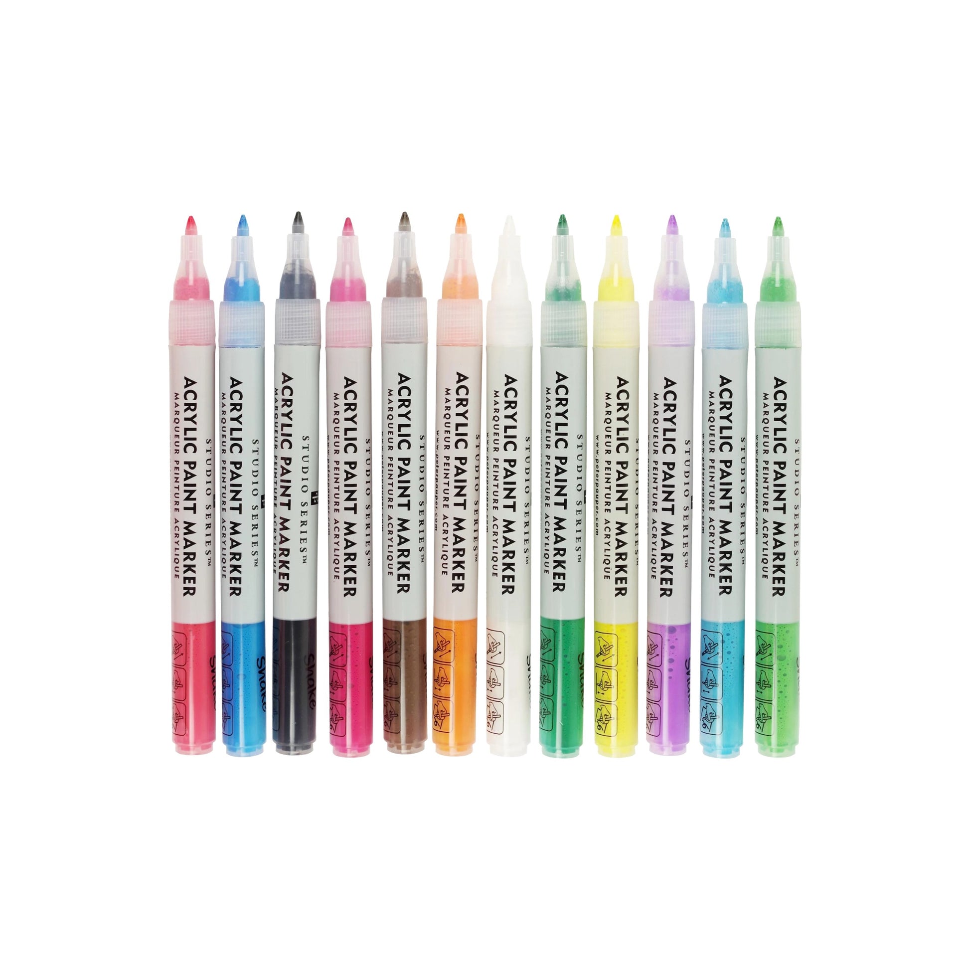 Studio Series 12-Piece Acrylic Paint Marker Set, featuring 12 vibrant colors with fine bullet tips in a clear reusable plastic case