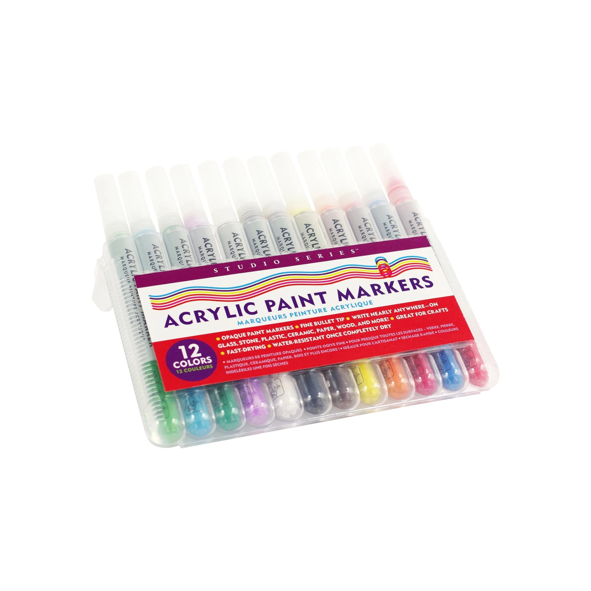Studio Series 12-Piece Acrylic Paint Marker Set, featuring 12 vibrant colors with fine bullet tips in a clear reusable plastic case