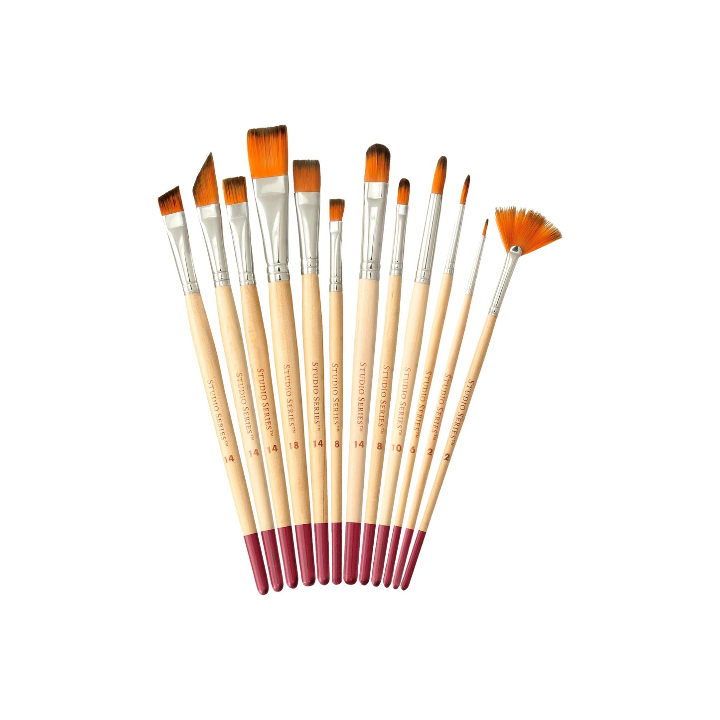 Set of paintbrushes with various sizes and shapes on a white background