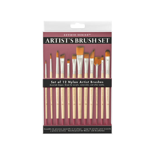 Studio Series 12-Piece Artist's Paintbrush Set, featuring a versatile assortment of professional-quality nylon brushes with mid-length handles