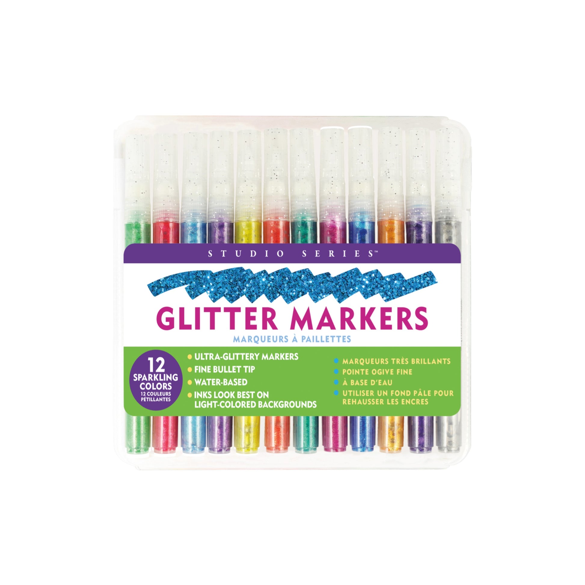 Studio Series 12-Piece Glitter Marker Set, featuring 12 vibrant sparkling colors with fine bullet tips in a clear plastic storage case