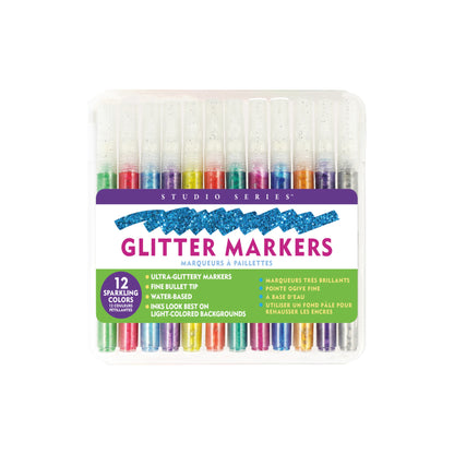 Studio Series 12-Piece Glitter Marker Set, featuring 12 vibrant sparkling colors with fine bullet tips in a clear plastic storage case