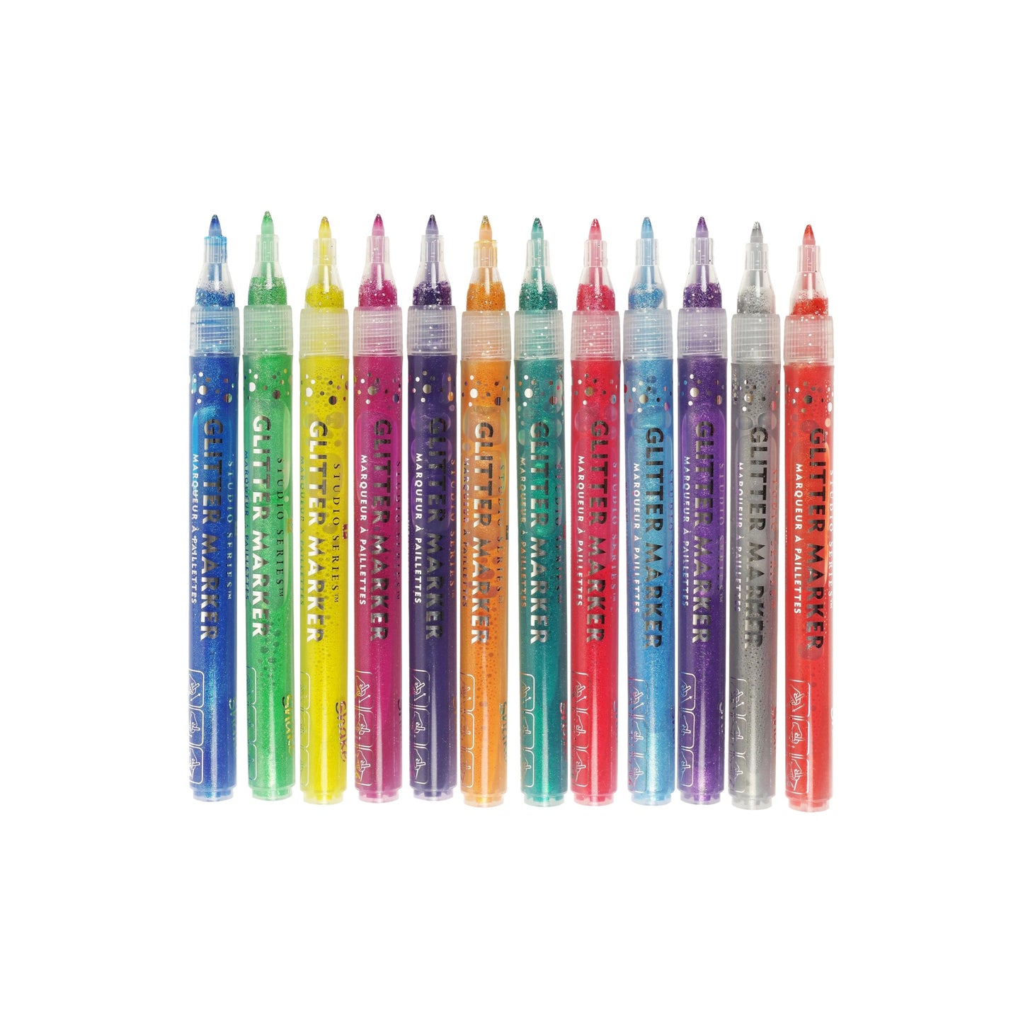 Studio Series 12-Piece Glitter Marker Set, featuring 12 vibrant sparkling colors with fine bullet tips in a clear plastic storage case