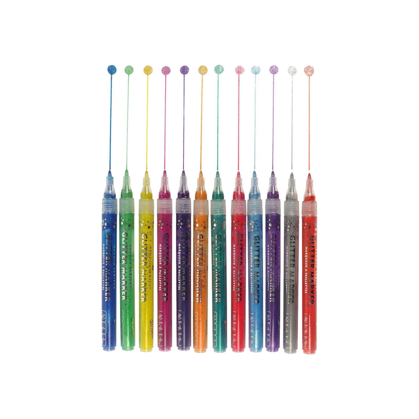 Studio Series 12-Piece Glitter Marker Set, featuring 12 vibrant sparkling colors with fine bullet tips in a clear plastic storage case