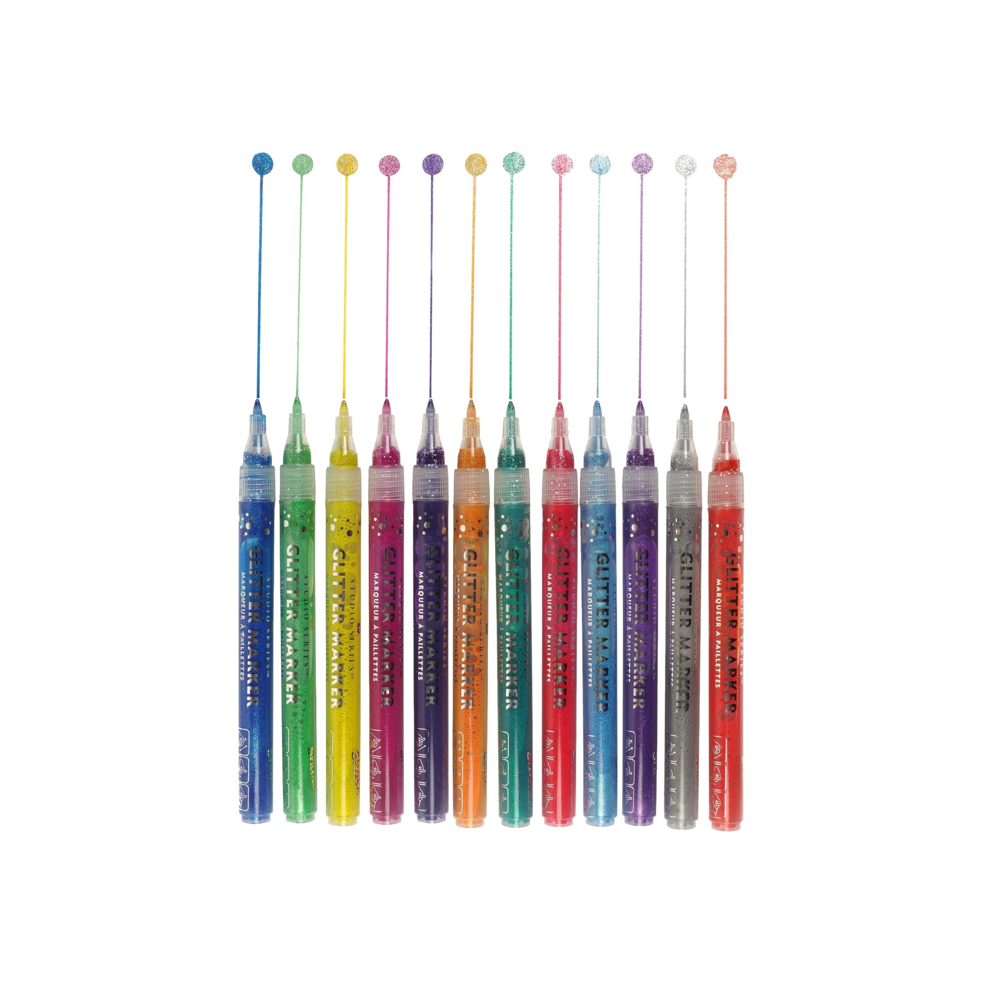 Studio Series 12-Piece Glitter Marker Set, featuring 12 vibrant sparkling colors with fine bullet tips in a clear plastic storage case