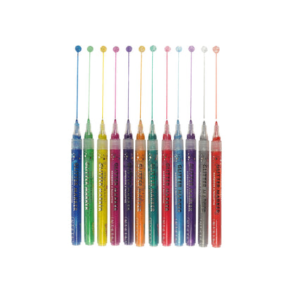 Studio Series 12-Piece Glitter Marker Set, featuring 12 vibrant sparkling colors with fine bullet tips in a clear plastic storage case