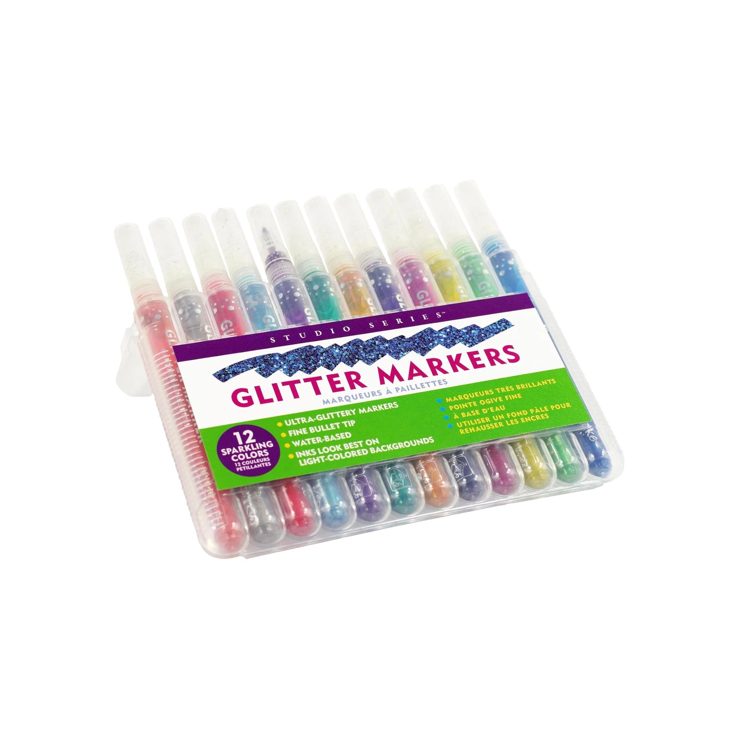 Studio Series 12-Piece Glitter Marker Set, featuring 12 vibrant sparkling colors with fine bullet tips in a clear plastic storage case