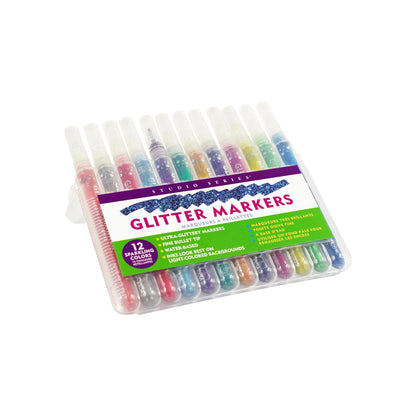 Studio Series 12-Piece Glitter Marker Set, featuring 12 vibrant sparkling colors with fine bullet tips in a clear plastic storage case