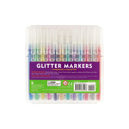Studio Series 12-Piece Glitter Marker Set, featuring 12 vibrant sparkling colors with fine bullet tips in a clear plastic storage case
