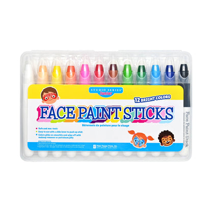 Studio Series 12-Piece Junior Face Paint Sticks, featuring vibrant, safe, and non-toxic twist-up face paints in a sturdy plastic storage case