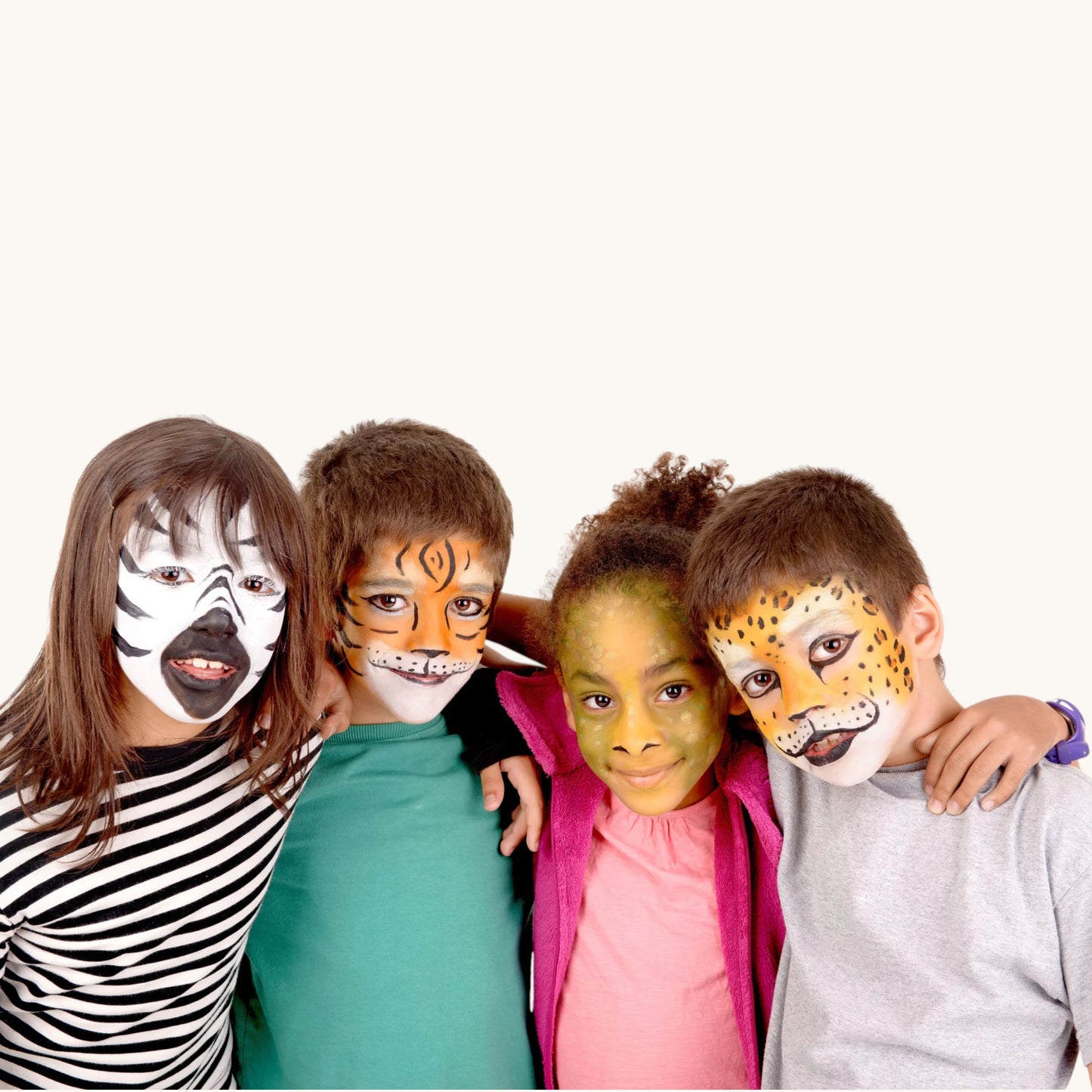 Four children with animal face paint on a white background