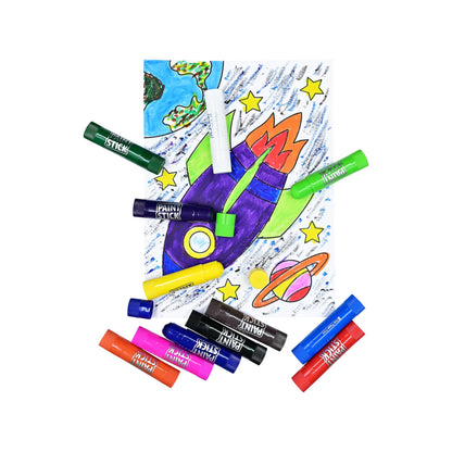 Colorful markers with space-themed design on a white background