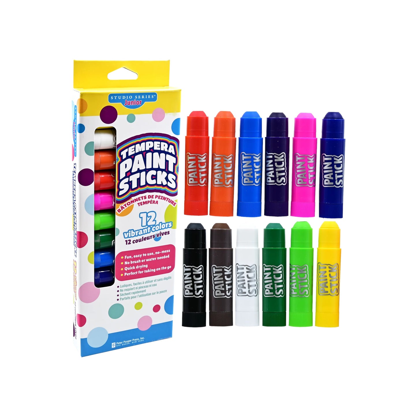 Studio Series 12-Piece Junior Tempera Paint Sticks, featuring 12 vibrant, mess-free colors in an organized storage box