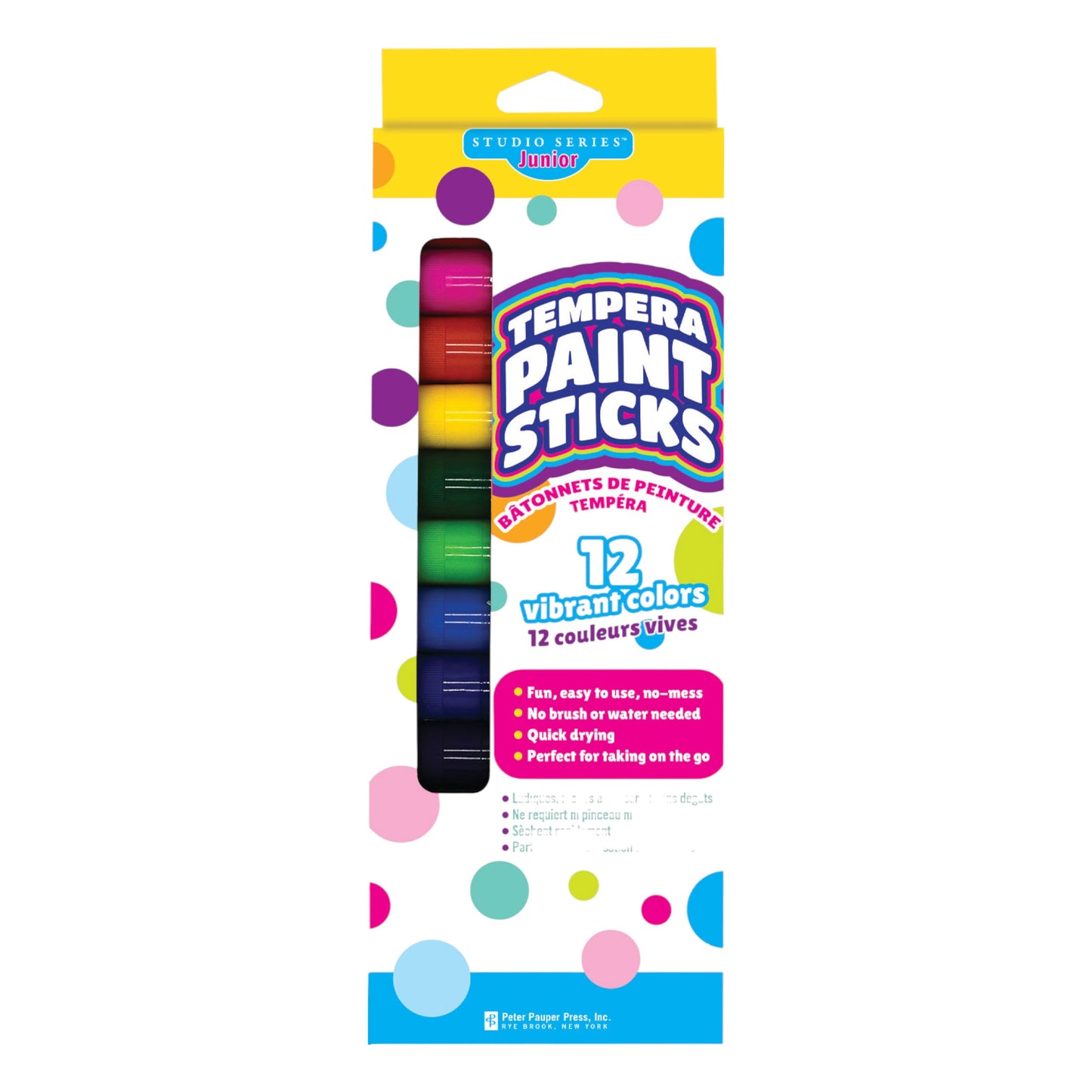 Studio Series 12-Piece Junior Tempera Paint Sticks, featuring 12 vibrant, mess-free colors in an organized storage box