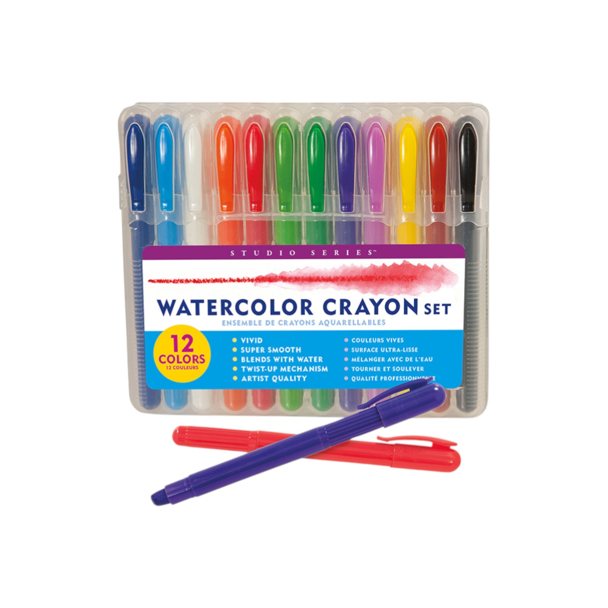 Studio Series 12-Piece Watercolor Crayon Set in a reusable hard plastic case, showing vibrant, twist-up water-soluble crayons.