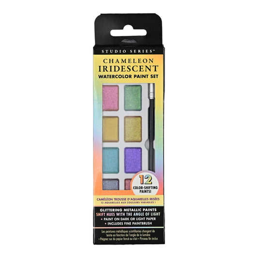 Studio Series 13-Piece Chameleon Iridescent Watercolor Paint Set, featuring 12 color-shifting dry watercolor pans and a fine-tip paintbrush