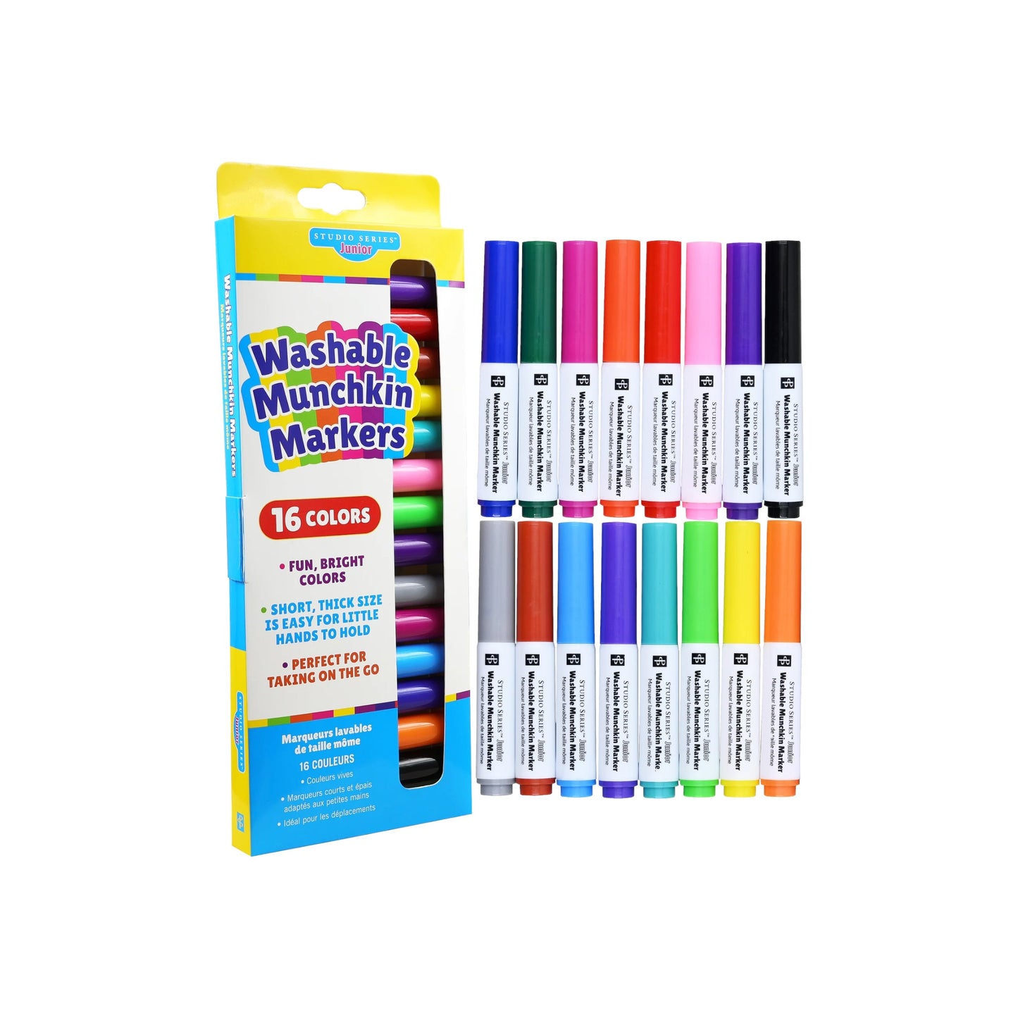 Studio Series 16-Piece Junior Washable Munchkin Markers, featuring 16 vibrant, thick mini markers in a reusable storage box