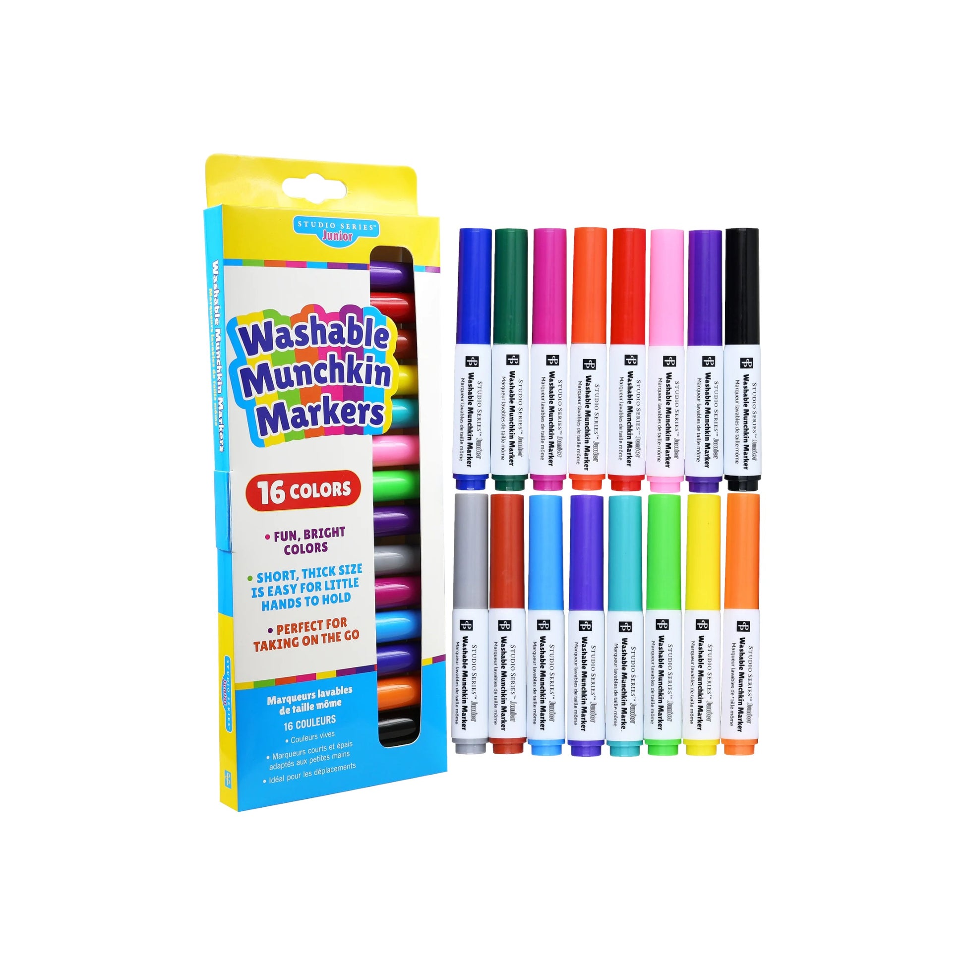 Studio Series 16-Piece Junior Washable Munchkin Markers, featuring 16 vibrant, thick mini markers in a reusable storage box
