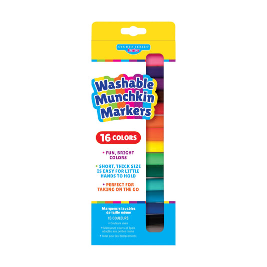 Studio Series 16-Piece Junior Washable Munchkin Markers, featuring 16 vibrant, thick mini markers in a reusable storage box