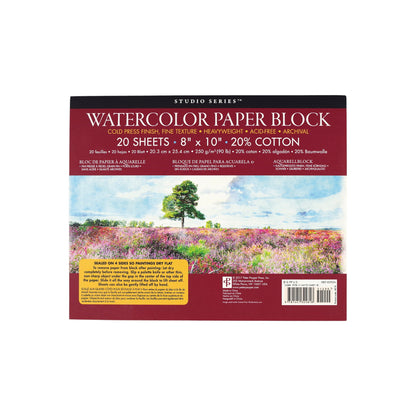 Studio Series 20-Sheet Watercolor Paper Block, featuring heavyweight cold press paper sealed on all four sides to prevent warping