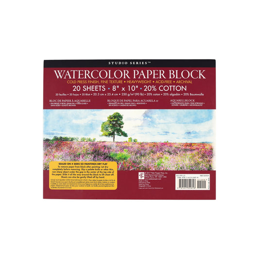 Studio Series 20-Sheet Watercolor Paper Block, featuring heavyweight cold press paper sealed on all four sides to prevent warping