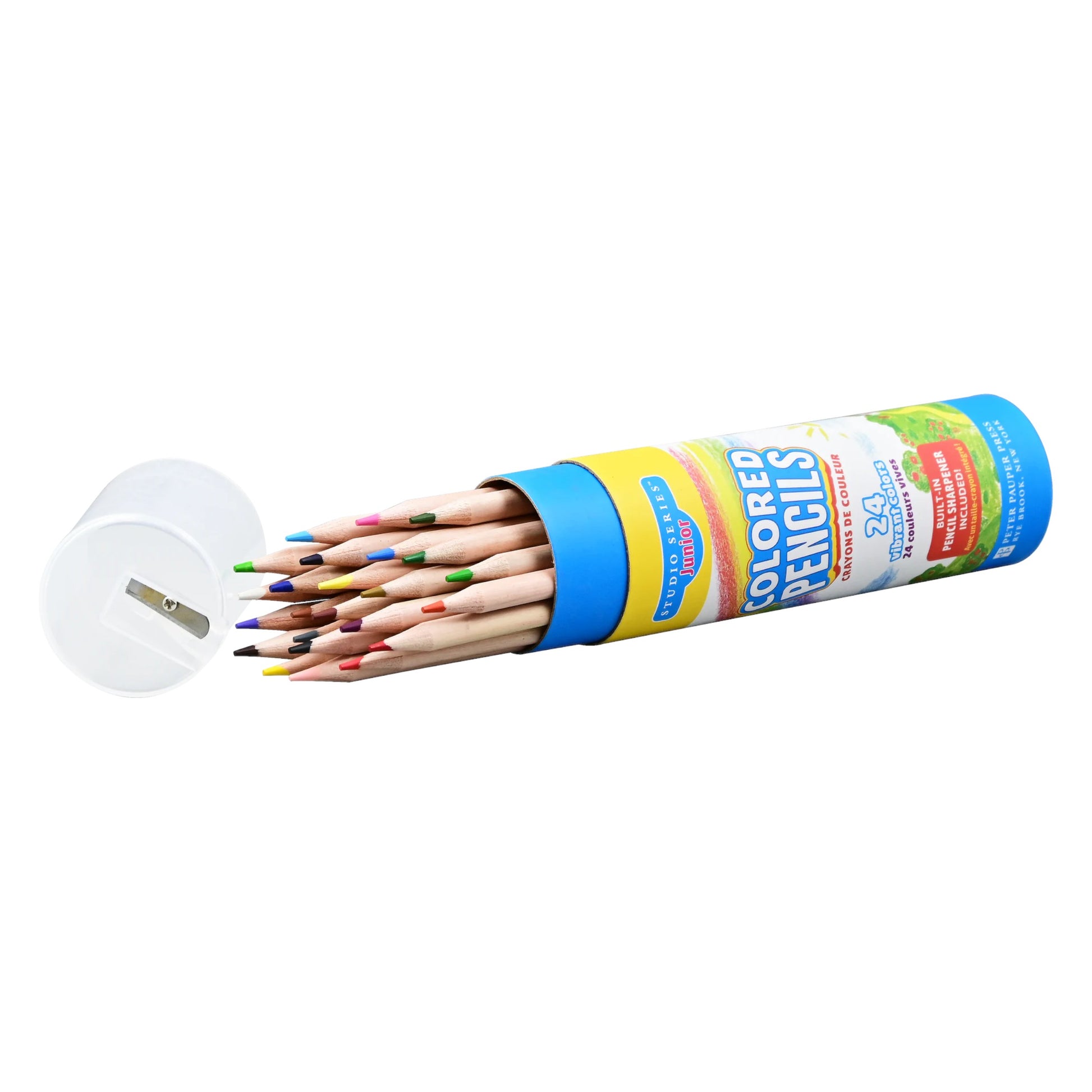 Studio Series 24-Piece Junior Colored Pencils, featuring vibrant soft-core colors in a sturdy cylindrical storage tube with a built-in sharpener