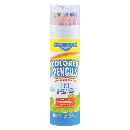 Studio Series 24-Piece Junior Colored Pencils, featuring vibrant soft-core colors in a sturdy cylindrical storage tube with a built-in sharpener
