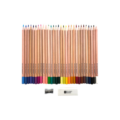 Studio Series 30-Piece Colored Pencil Set in a transparent reusable storage case, including a spectrum of colored pencils, a sharpener, and an eraser.