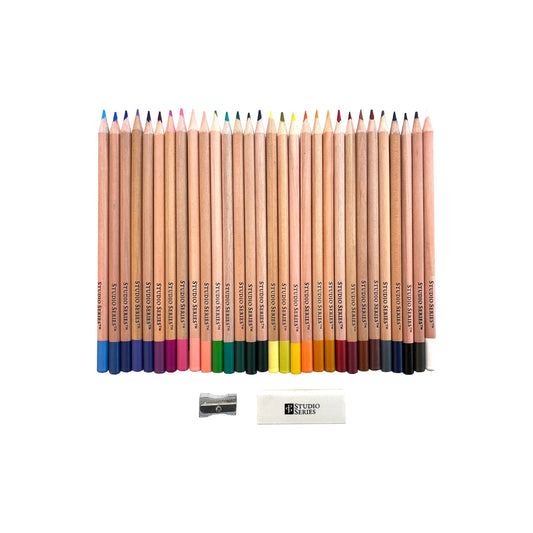 Studio Series 30-Piece Colored Pencil Set in a transparent reusable storage case, including a spectrum of colored pencils, a sharpener, and an eraser.
