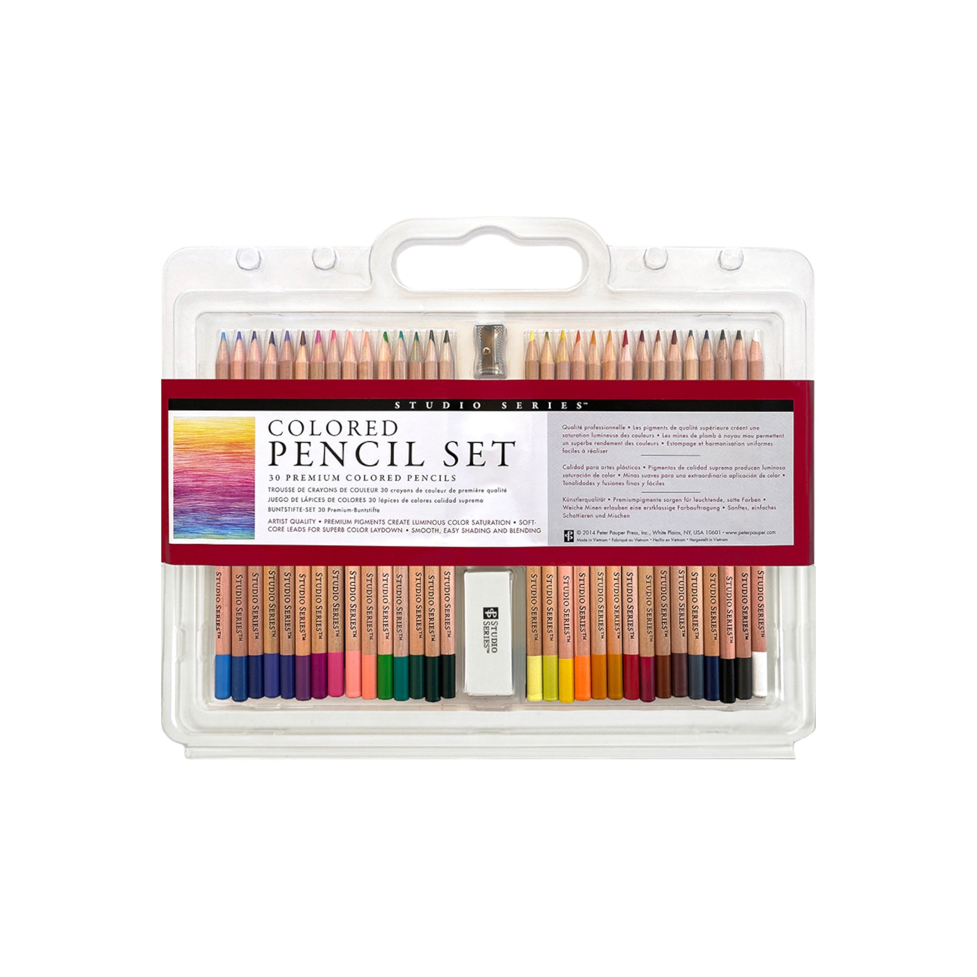 Studio Series 30-Piece Colored Pencil Set in a transparent reusable storage case, including a spectrum of colored pencils, a sharpener, and an eraser.