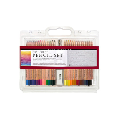Studio Series 30-Piece Colored Pencil Set in a transparent reusable storage case, including a spectrum of colored pencils, a sharpener, and an eraser.