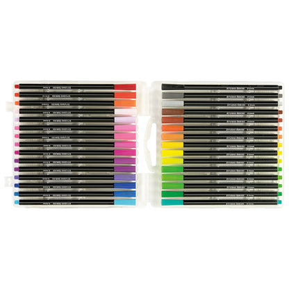 Studio Series 30-Piece Fine-Line Marker Set, a clear storage case containing 30 vibrant fine-line markers with hexagonal barrels