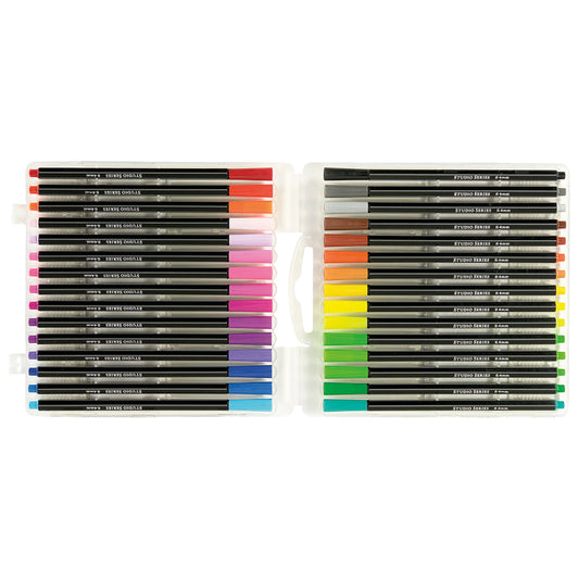 Studio Series 30-Piece Fine-Line Marker Set, a clear storage case containing 30 vibrant fine-line markers with hexagonal barrels